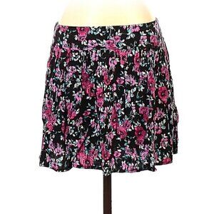 LUCY LOVE Black Pink Green Floral Print Pull On Elastic Mini A-Line Skater Skirt